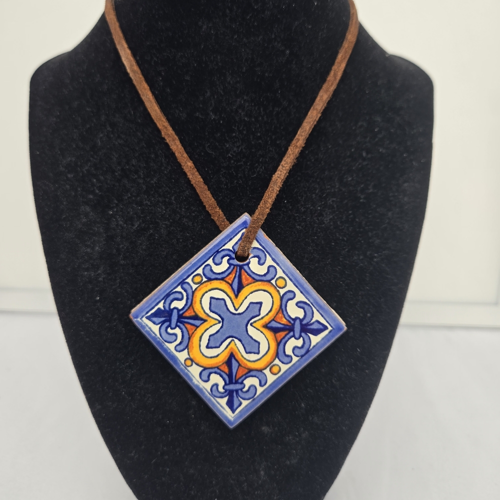 Hand-Painted Ceramic Talavera Style Tile Pendant Necklace on Suede Cord